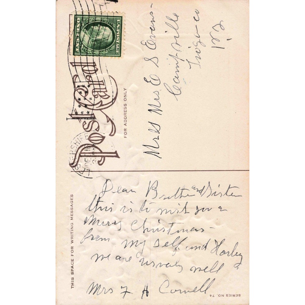 Vintage 1912 Embossed Christmas Postcard Holly Bells Winter Church Scene VG - Picture 2 of 2